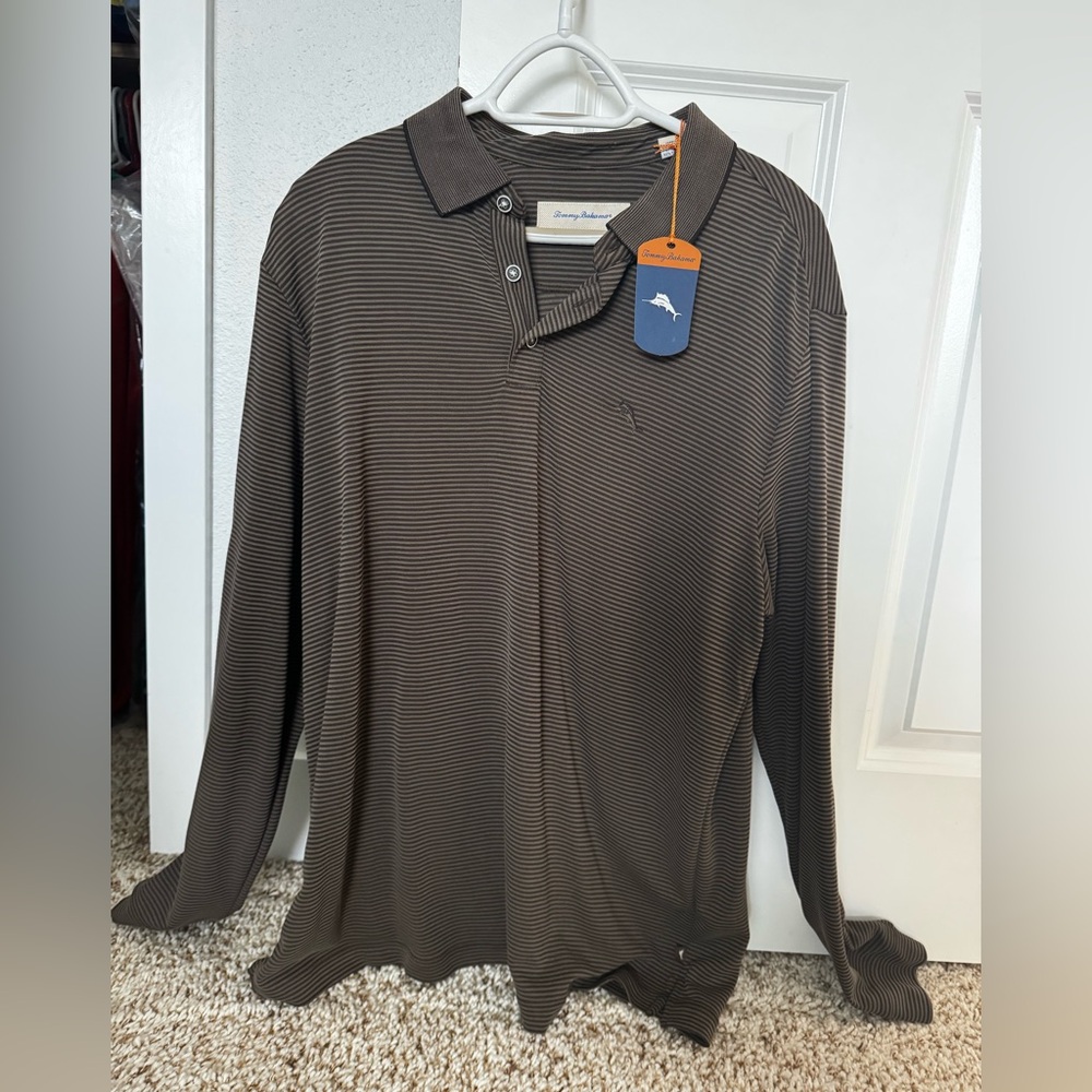 Tommy Bahama Long Sleeve Polo in Brown Stripe